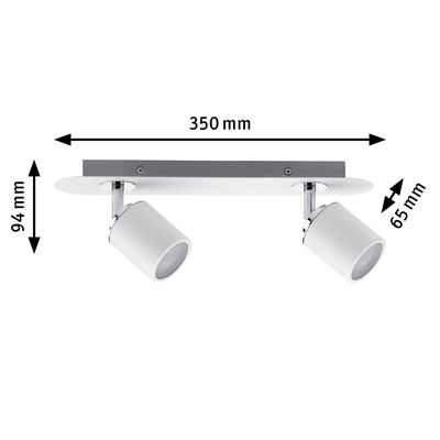 Moderne hvid loftspot med to justerbare metal lamper, 350 mm bred.