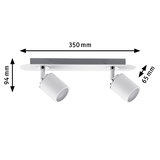 Spot de plafond blanc moderne avec deux lampes métalliques réglables, largeur 350 mm.