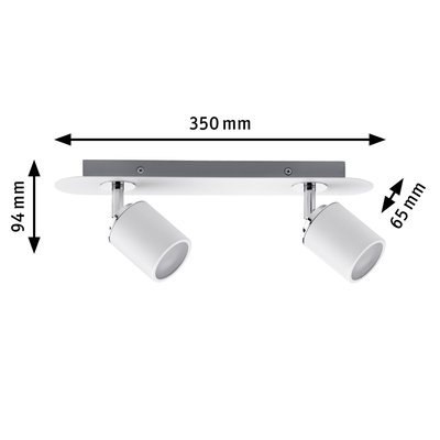 Moderne witte plafondspot met twee verstelbare metalen lampen, 350 mm breed.