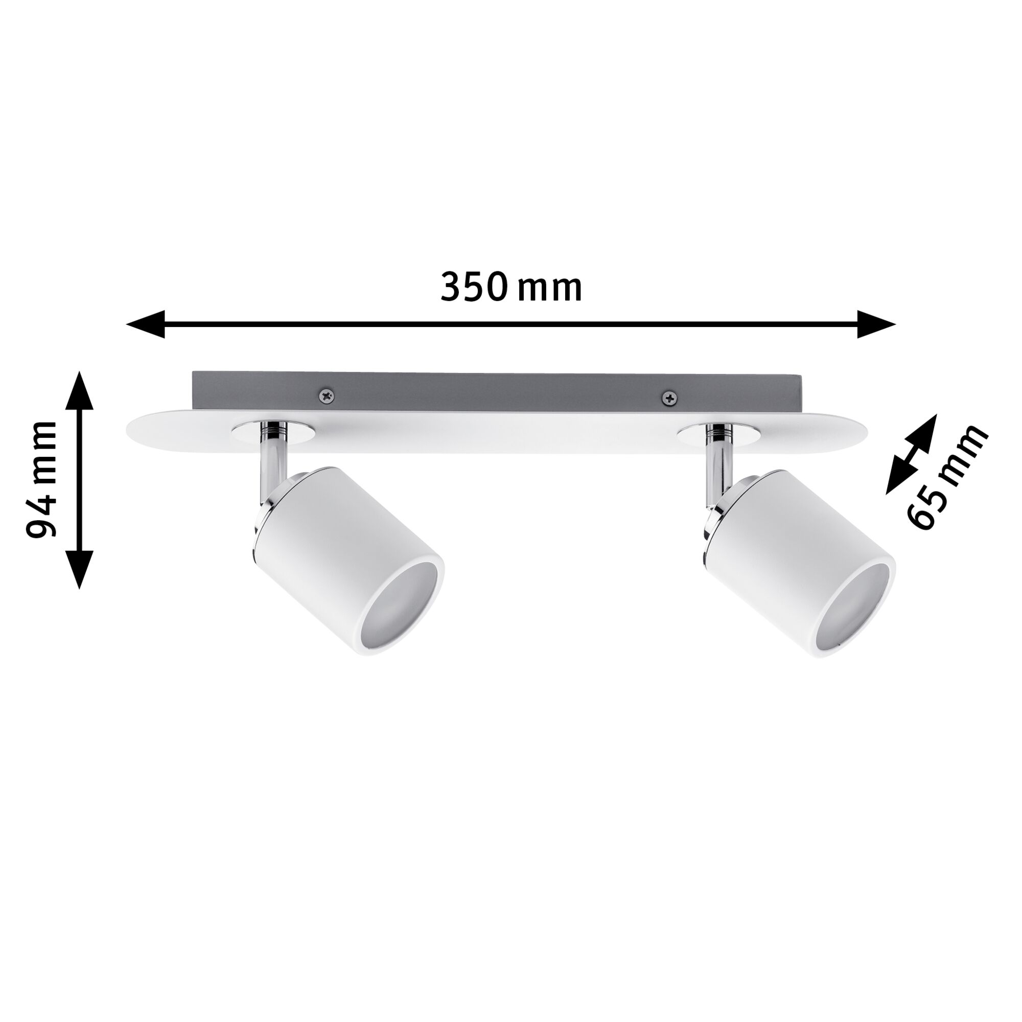 Moderner weißer Deckenstrahler mit zwei verstellbaren Spots aus Metall, 350 mm breit.