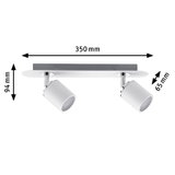 Modern white ceiling spotlight with two adjustable metal lamps, 350 mm wide.