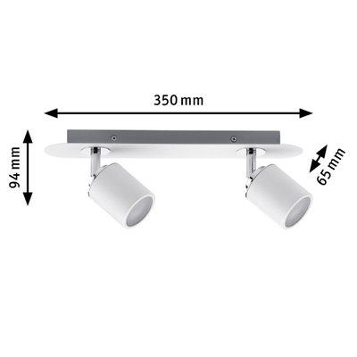 Modern white ceiling spotlight with two adjustable metal lamps, 350 mm wide.