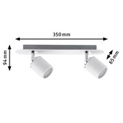 Modern white ceiling spotlight with two adjustable metal lamps, 350 mm wide.