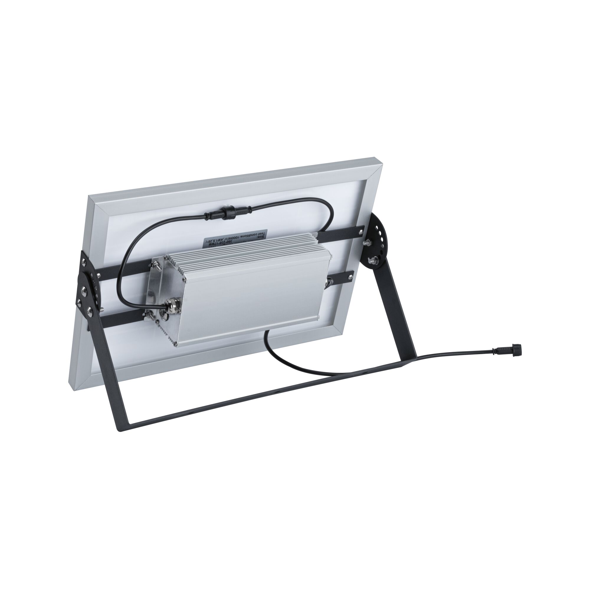 Back view of silver LED floodlight with black metal frame and cable for outdoor lighting use