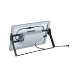 Back view of silver LED floodlight with black metal frame and cable for outdoor lighting use