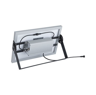 Back view of silver LED floodlight with black metal frame and cable for outdoor lighting use