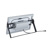 Vue arrière d'un projecteur LED argenté avec boîtier en aluminium et support métallique noir