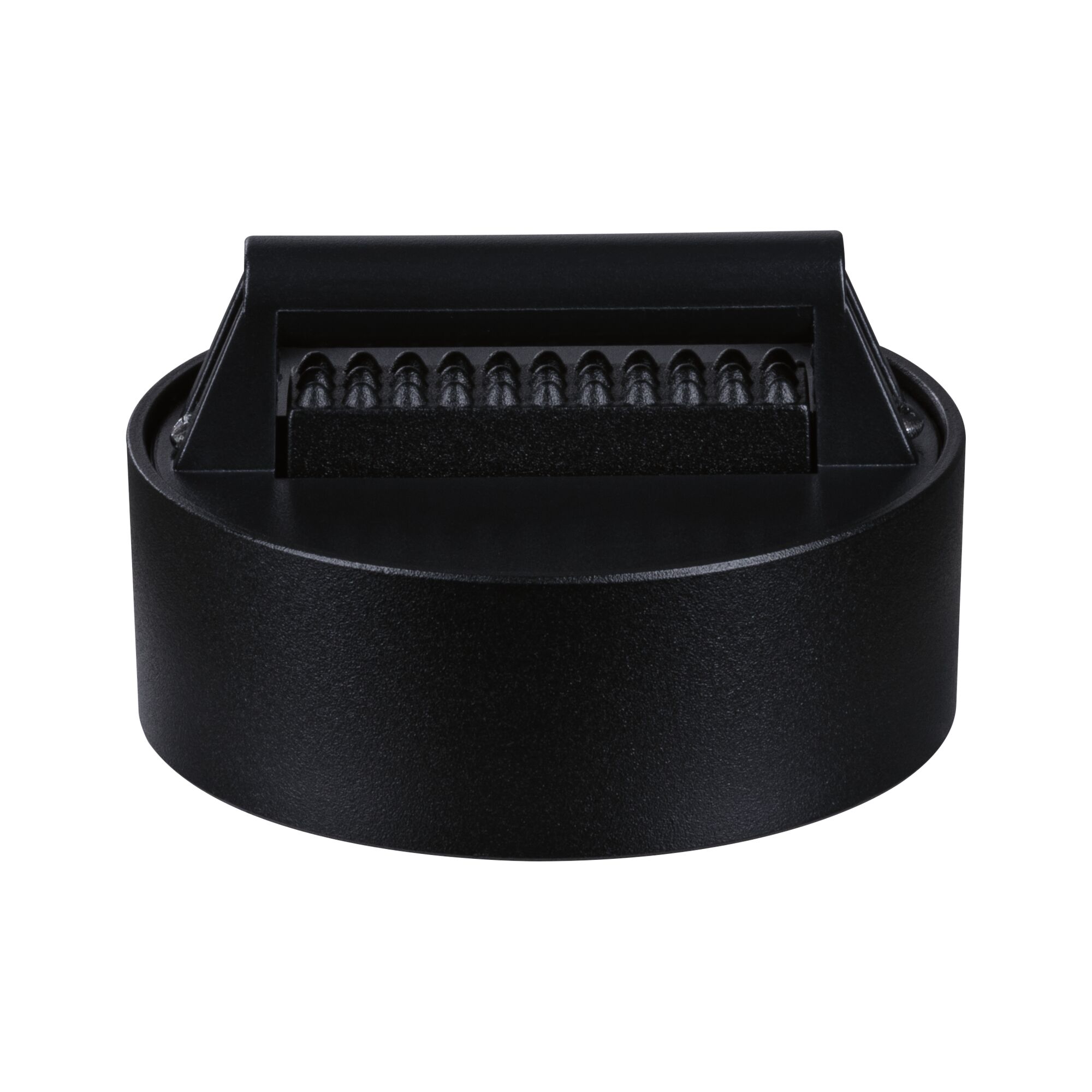 Round black LED light with textured plastic diffuser for modern indoor lighting solutions