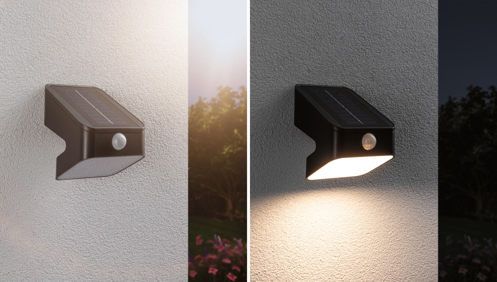 Black plastic solar wall light with motion sensor, day and night view, outdoor lighting solution