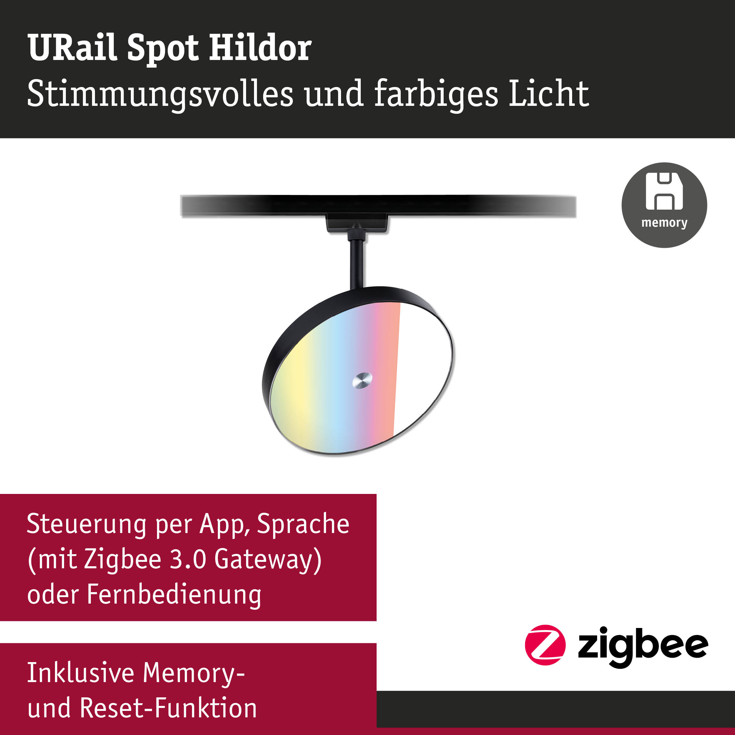 URail Spot Hildor LED-Schiene in Schwarz mit farbigem Licht und Zigbee Steuerung