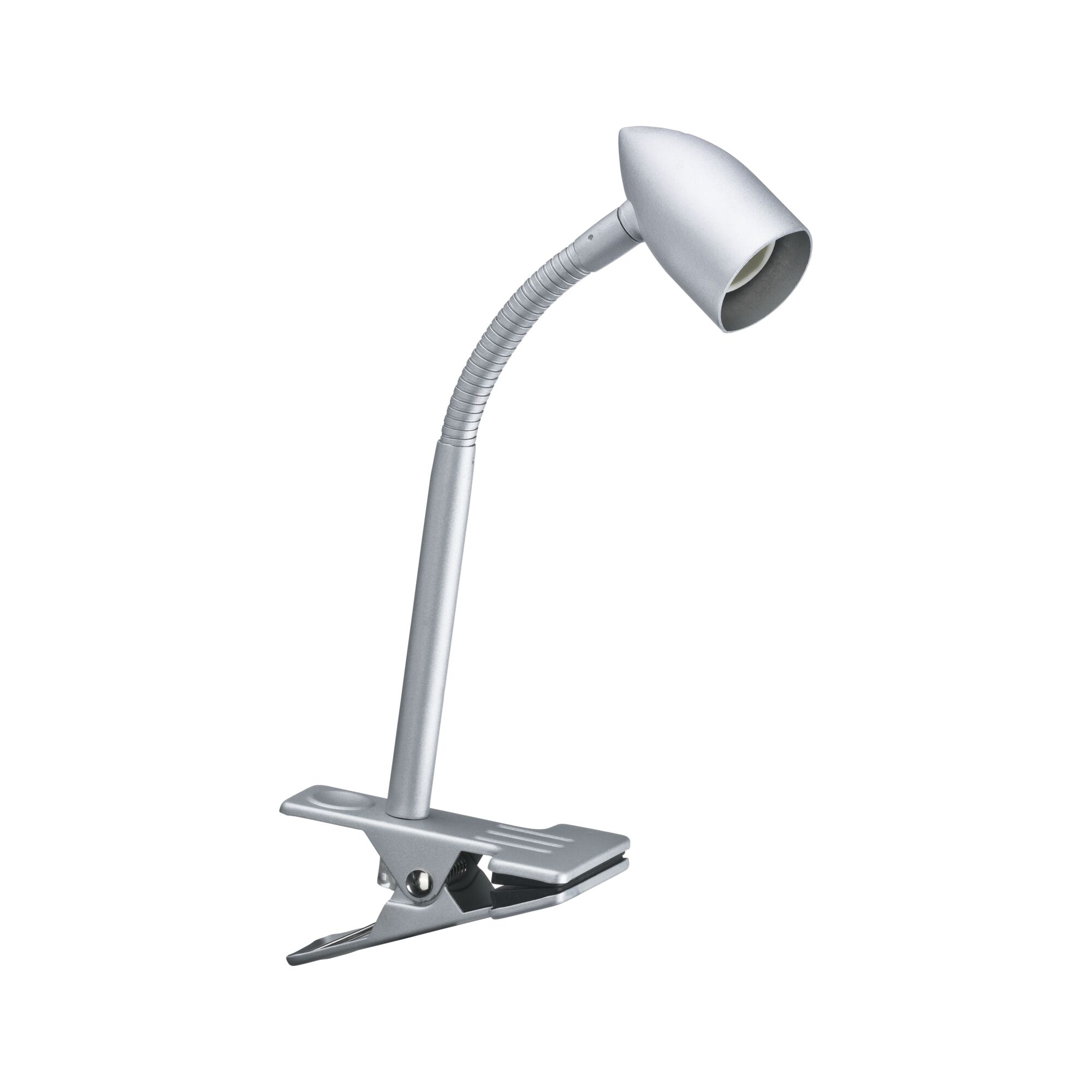 Silver metal clip lamp with flexible neck for focused lighting in workspaces and desks.