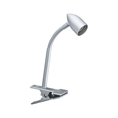 Silver metal clip lamp with flexible neck for focused lighting in workspaces and desks.