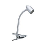 Silberne Klemmlampe aus Metall mit flexiblem Hals für gezielte Beleuchtung im Arbeitsbereich.