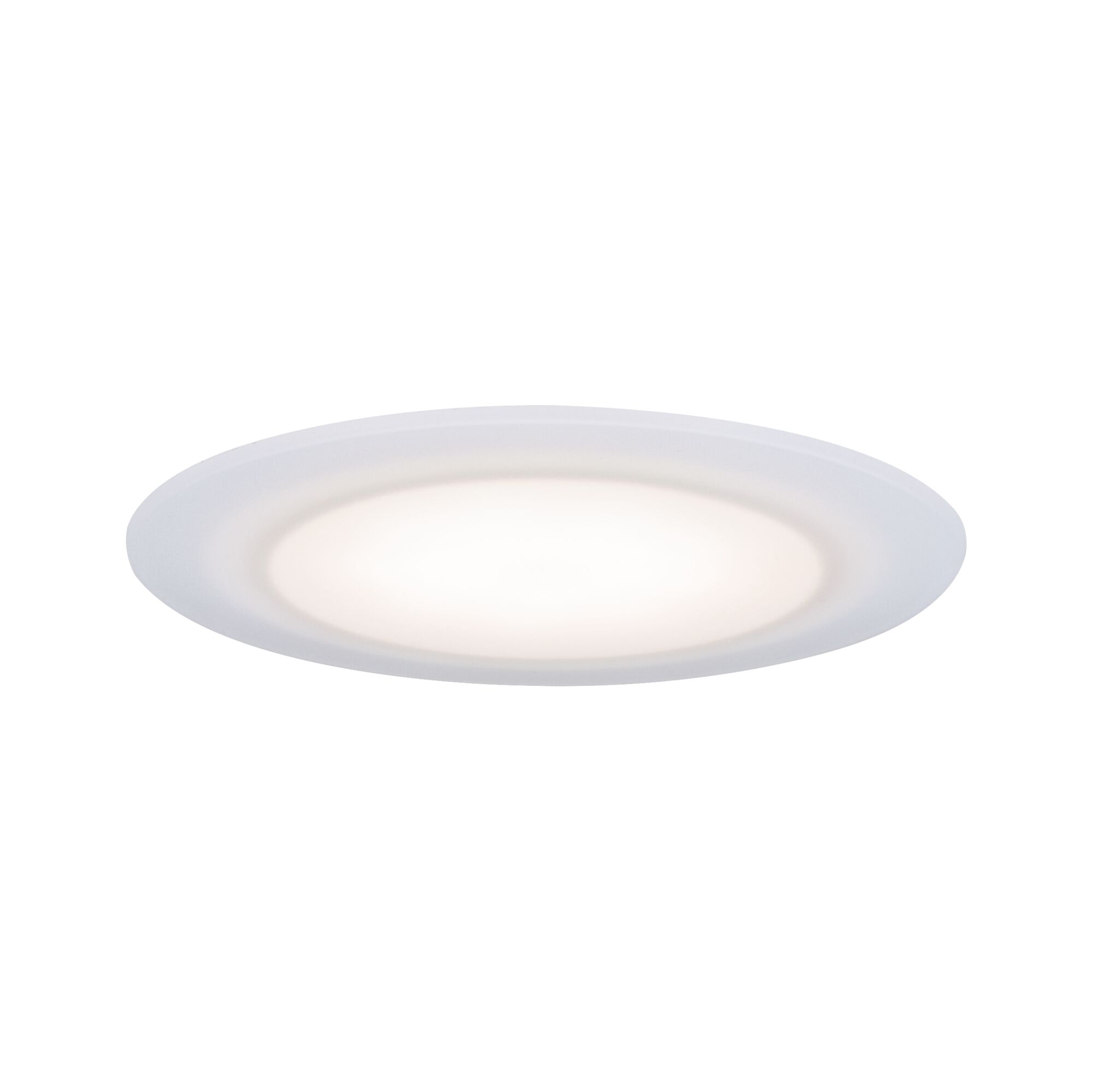 Round white plastic LED ceiling light with warm white illumination for modern room lighting