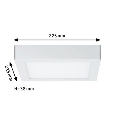 Square white LED ceiling light made of plastic with 225 mm edge length and 38 mm height
