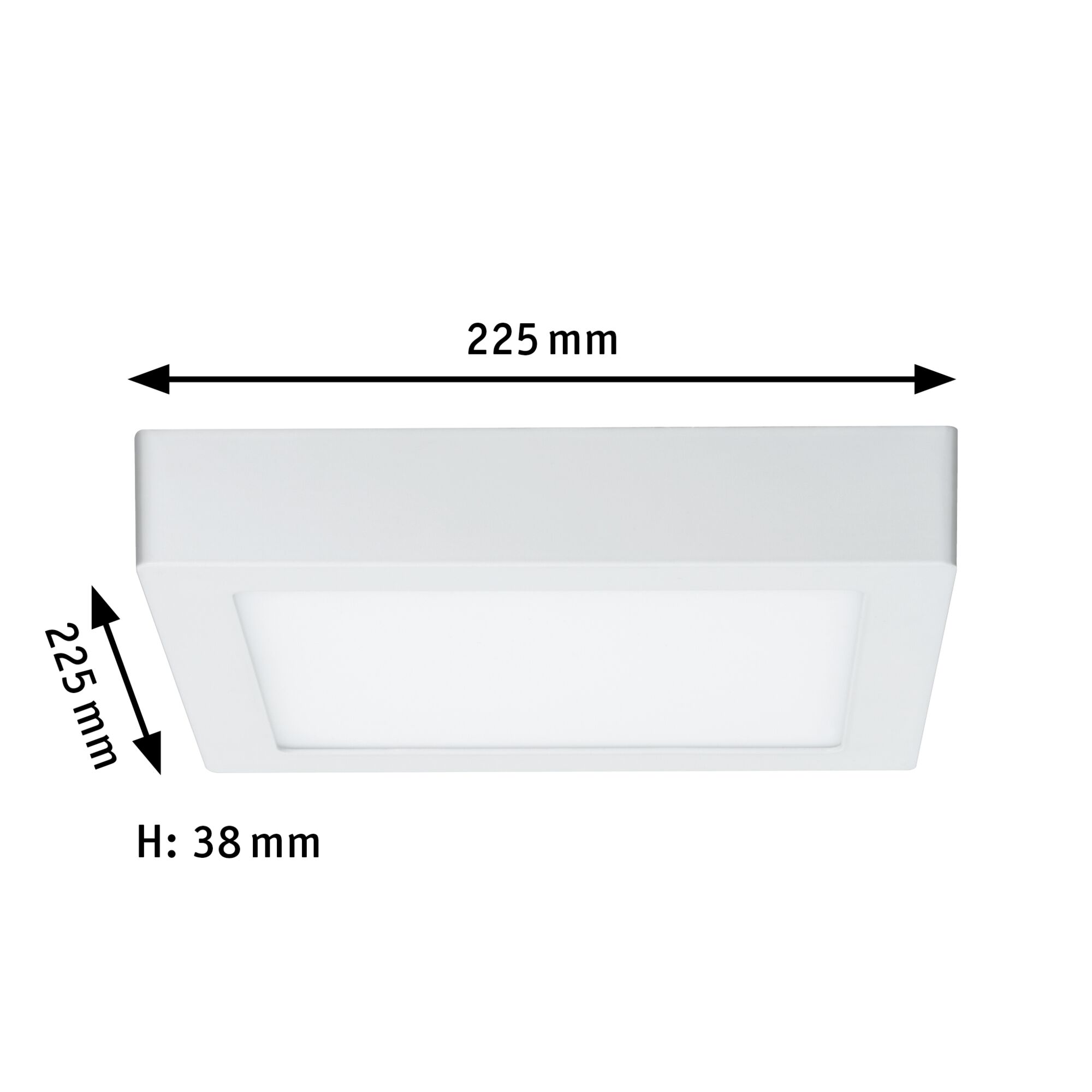Quadratische weiße LED-Deckenleuchte aus Kunststoff mit 225 mm Kantenlänge und 38 mm Höhe