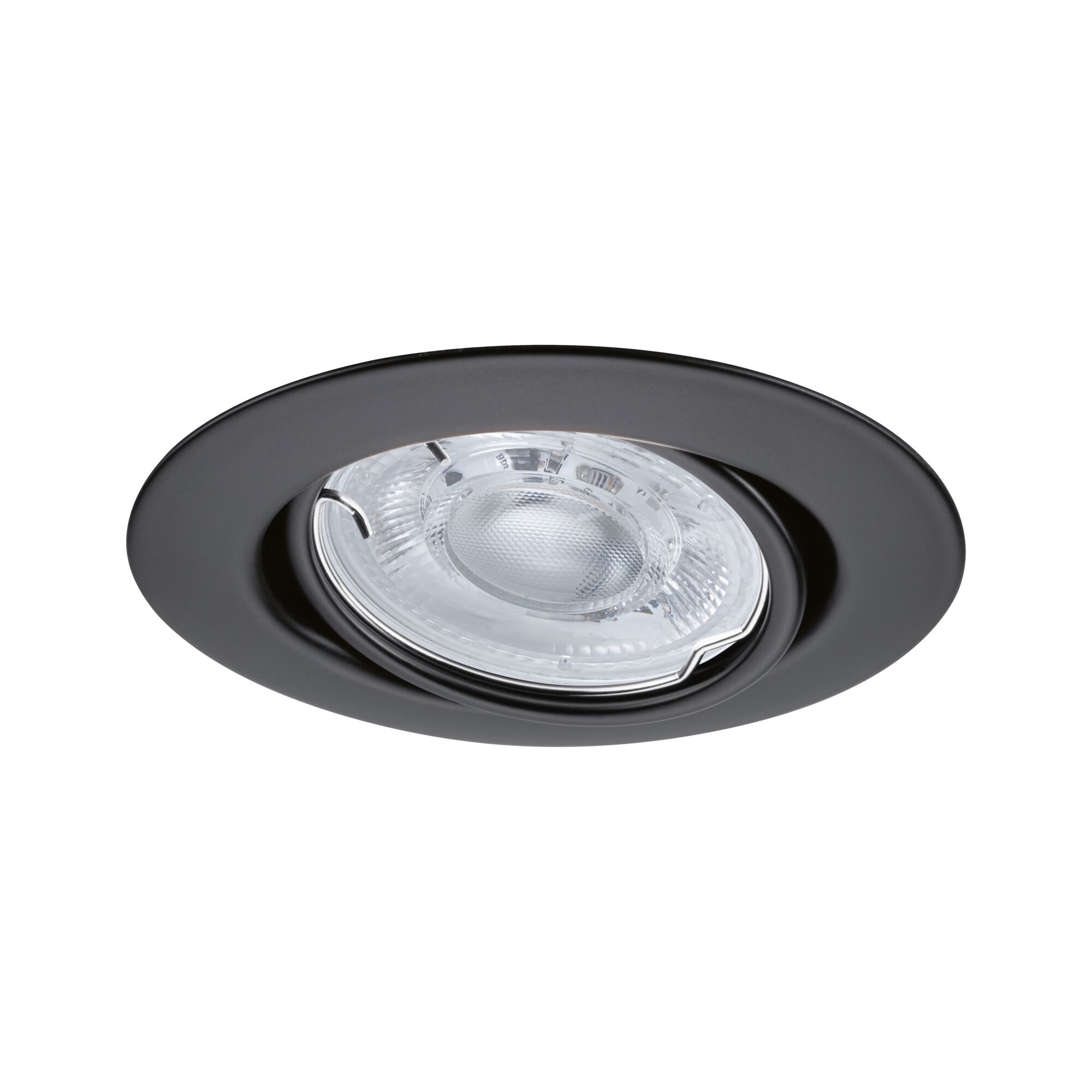 Schwarzer Einbaustrahler aus Metall mit klarem Glas und LED-Licht für moderne Innenbeleuchtung