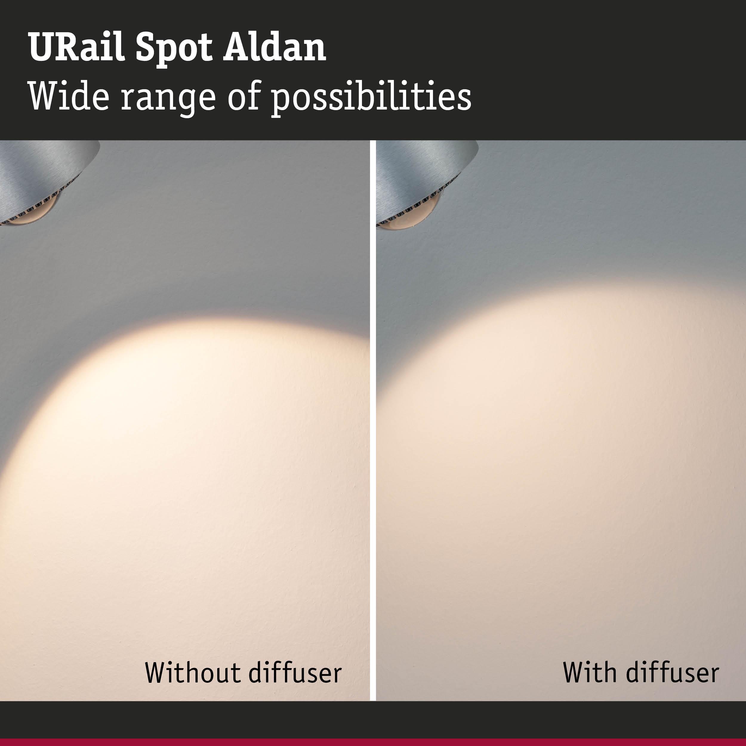 URail Spot Aldan LED spotlight showing light effect with and without diffuser for versatile lighting