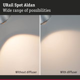 URail Spot Aldan LED spotlight showing light effect with and without diffuser for versatile lighting