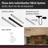 Modulares URail-Schienensystem mit weißen und schwarzen Schienen, Steckern und Spots für flexible Beleuchtung.