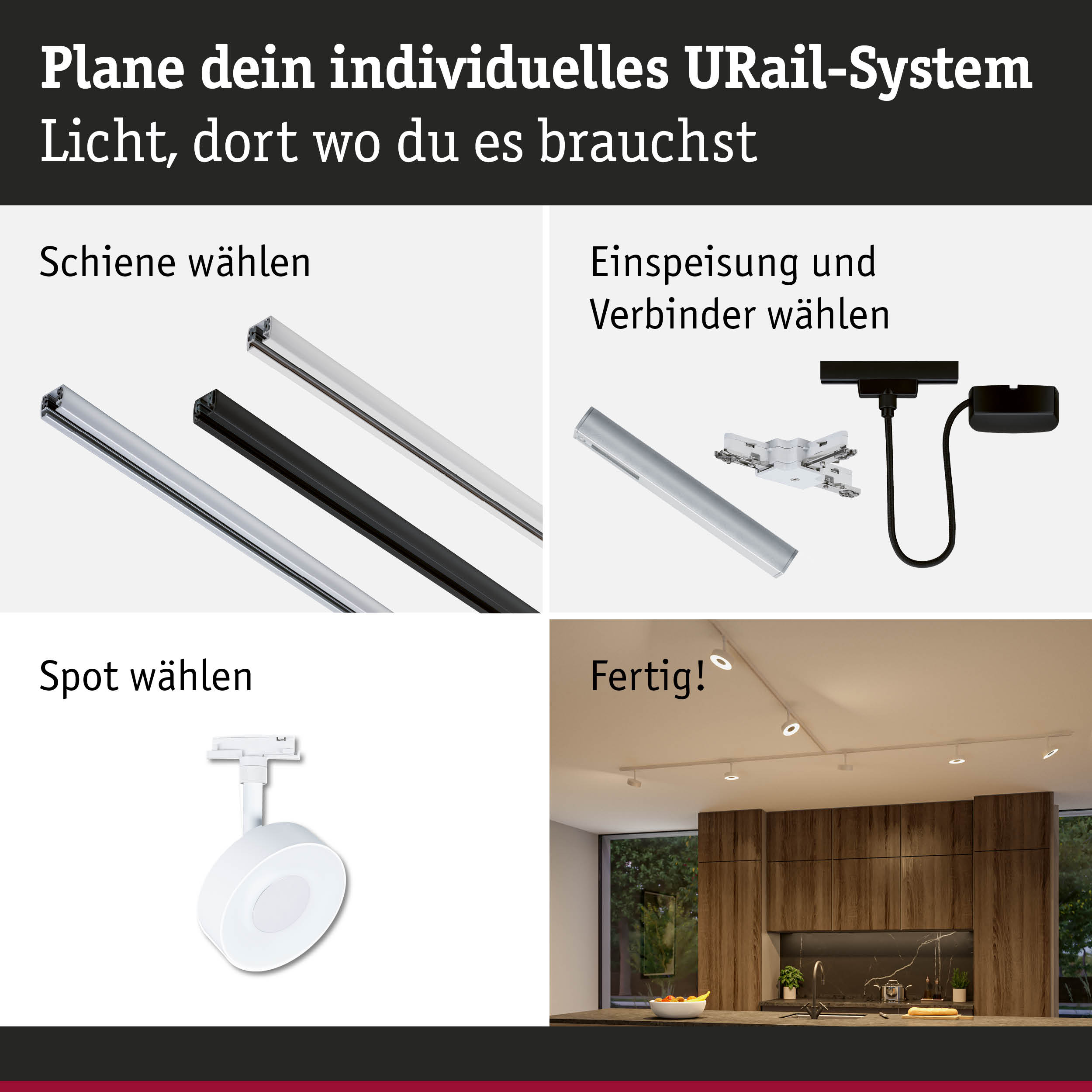 Modulares URail-Schienensystem mit weißen und schwarzen Schienen, Steckern und Spots für flexible LED-Beleuchtung.