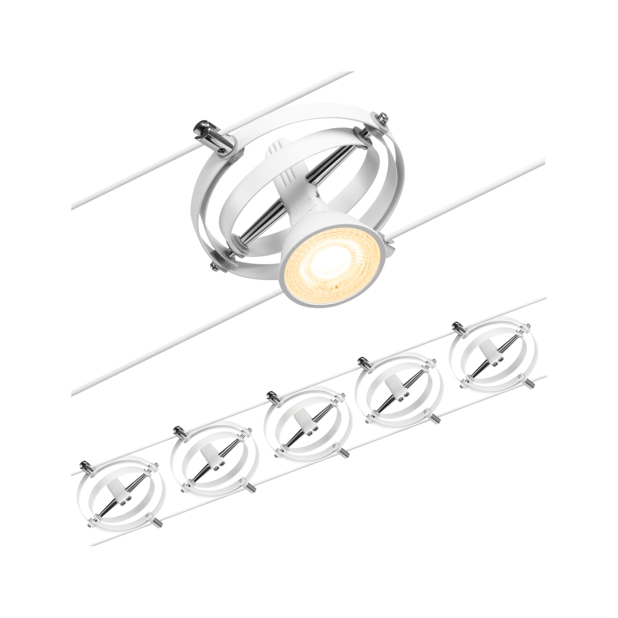 Weißer LED-Seilstrahler mit Metallringen und verstellbarem Spot für moderne Beleuchtung
