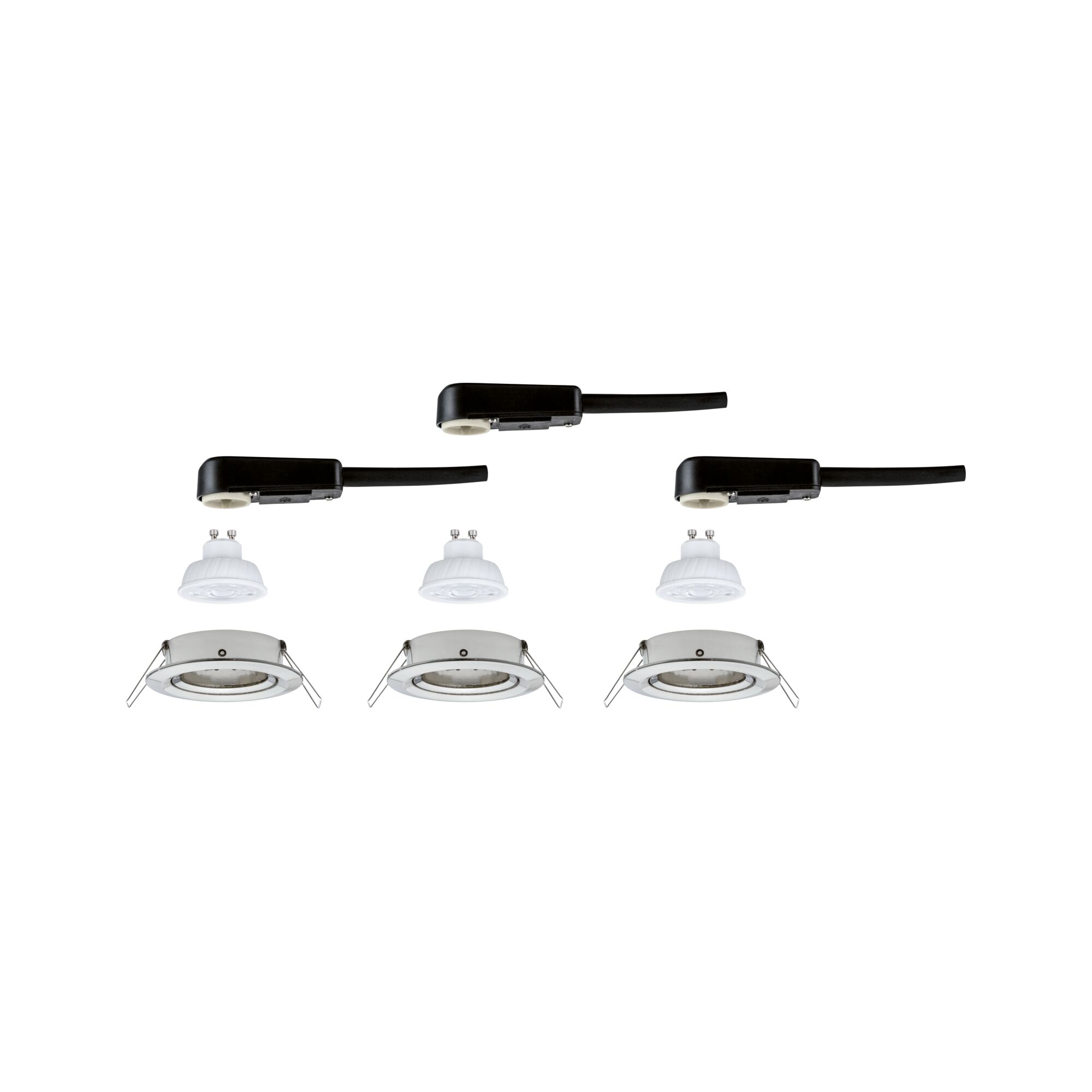 Drei weiße Einbaustrahler mit GU10 LED-Lampen und schwarzen Anschlusskabeln für Deckenbeleuchtung