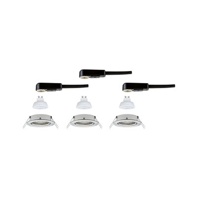 Drei weiße Einbaustrahler mit GU10 LED-Lampen und schwarzen Anschlusskabeln für Deckenbeleuchtung