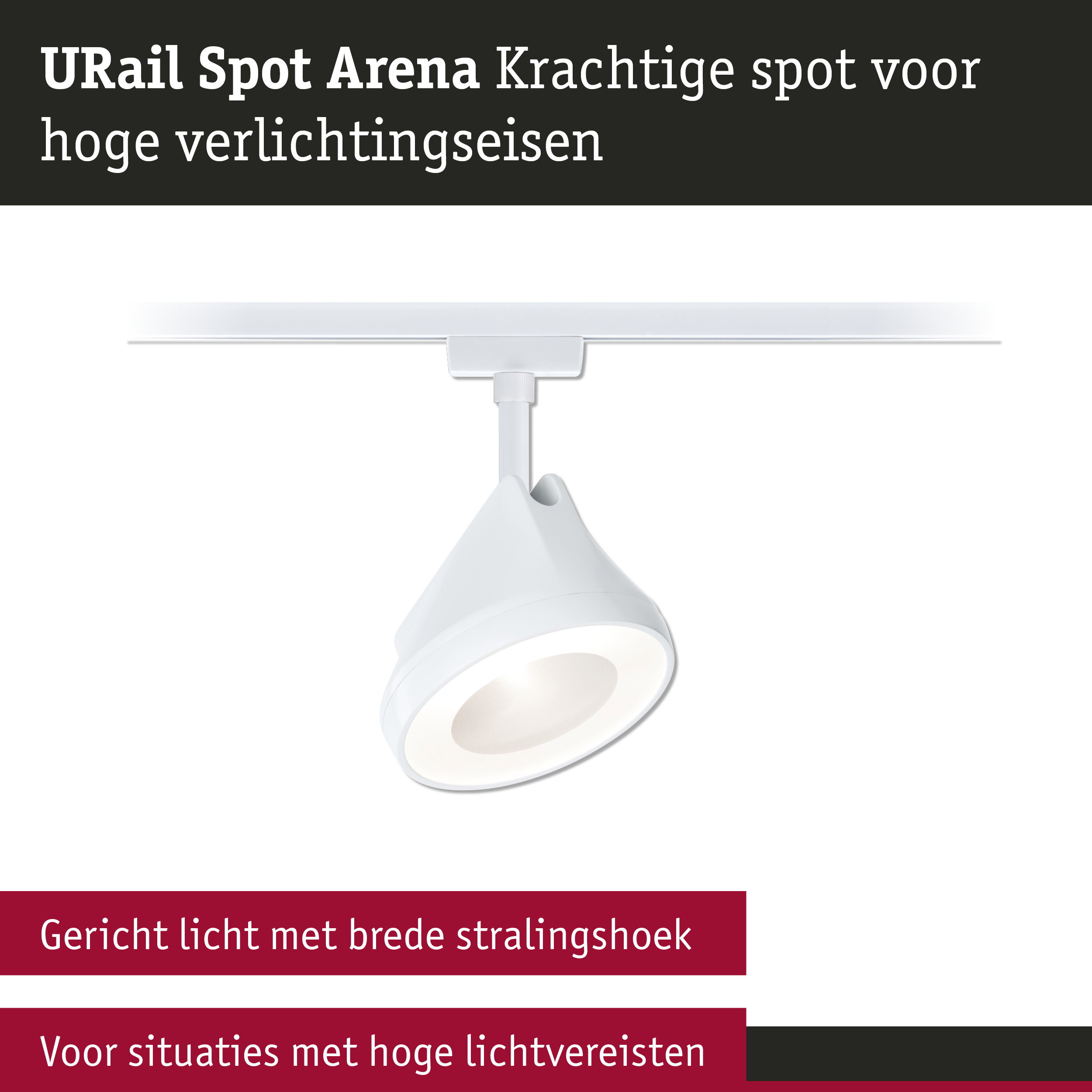 Witte URail Spot Arena LED-spot met brede stralingshoek voor hoge verlichtingseisen