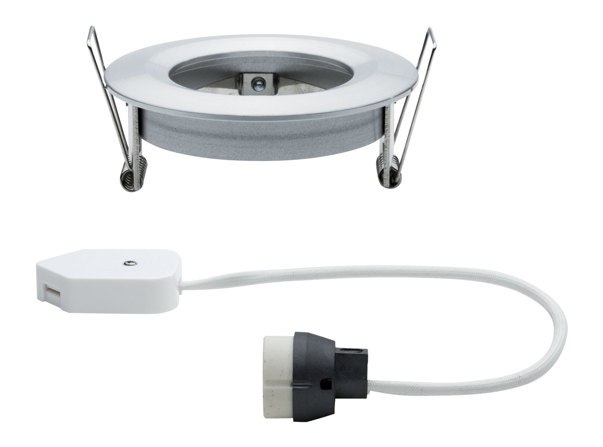 Runder Einbaustrahler aus gebürstetem Aluminium mit weißem Kabel und schwarzem Stecker für LED-Beleuchtung