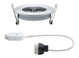 Runder Einbaustrahler aus gebürstetem Aluminium mit weißem Kabel und schwarzem Stecker für LED-Beleuchtung