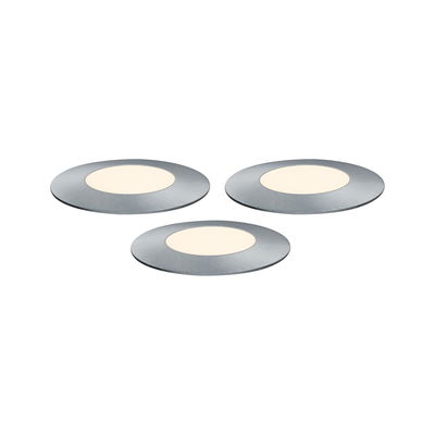 Trois spots encastrés LED ronds en aluminium brossé avec lumière blanc chaud pour éclairage moderne