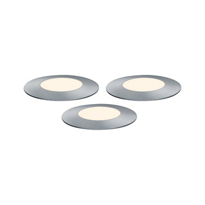 Trois spots encastrés LED ronds en aluminium brossé avec lumière blanc chaud pour éclairage moderne