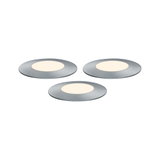 Three round LED recessed lights in brushed aluminum with warm white light for modern room lighting