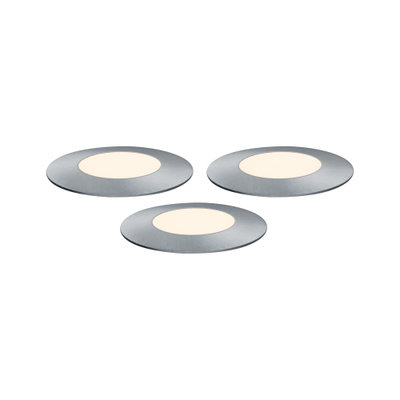 Three round LED recessed lights in brushed aluminum with warm white light for modern room lighting