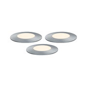Three round LED recessed lights in brushed aluminum with warm white light for modern room lighting