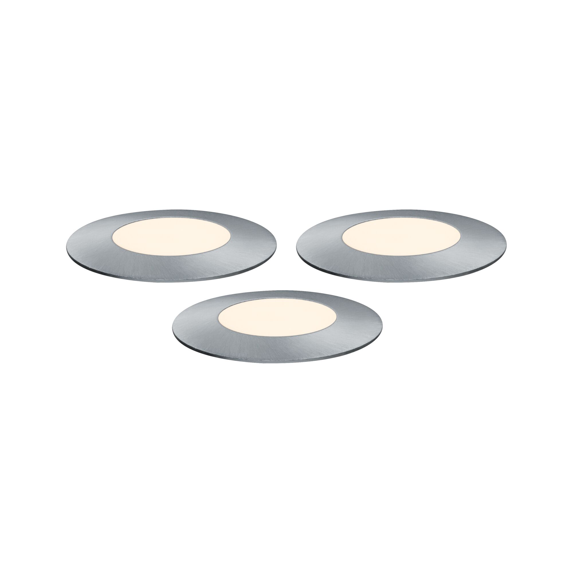 Three round LED recessed lights in brushed aluminum with warm white light for modern room lighting
