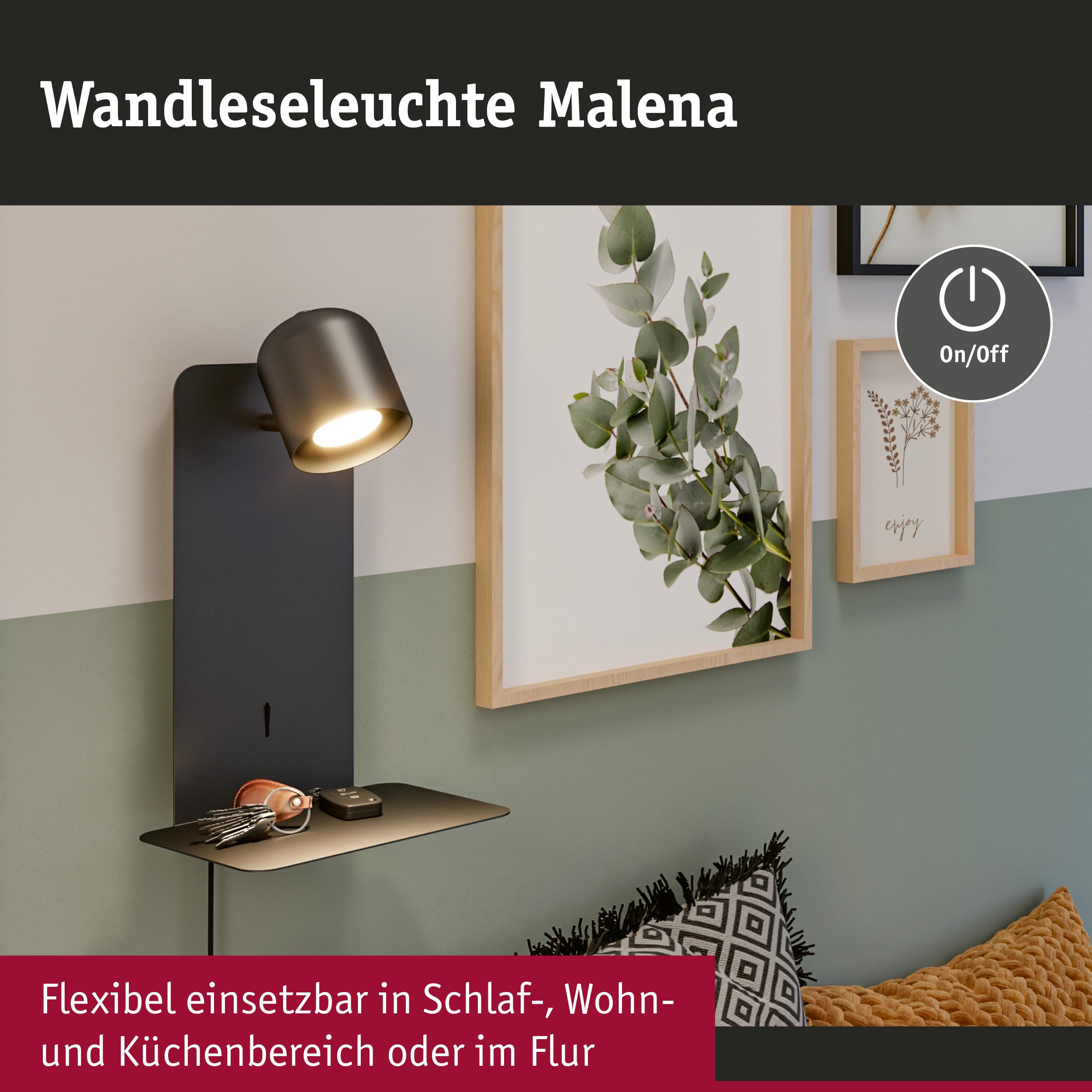 Wandleuchte Malena aus schwarzem Metall mit Ablagefläche, flexibel für Schlaf- und Wohnbereich.