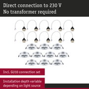 Set of white GU10 connection cables and silver recessed spotlights for 230V direct connection