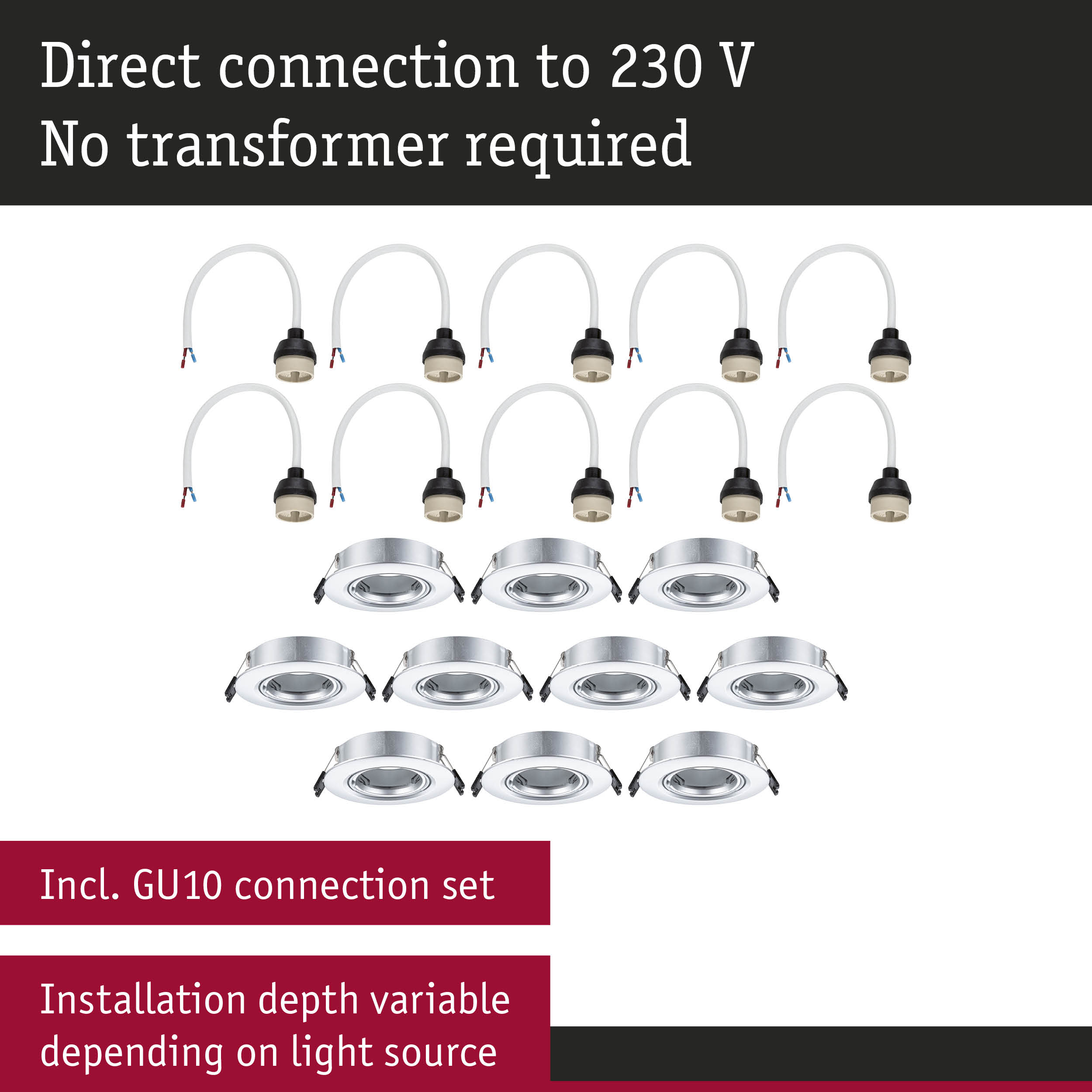Set of white GU10 connection cables and silver recessed spotlights for 230V direct connection