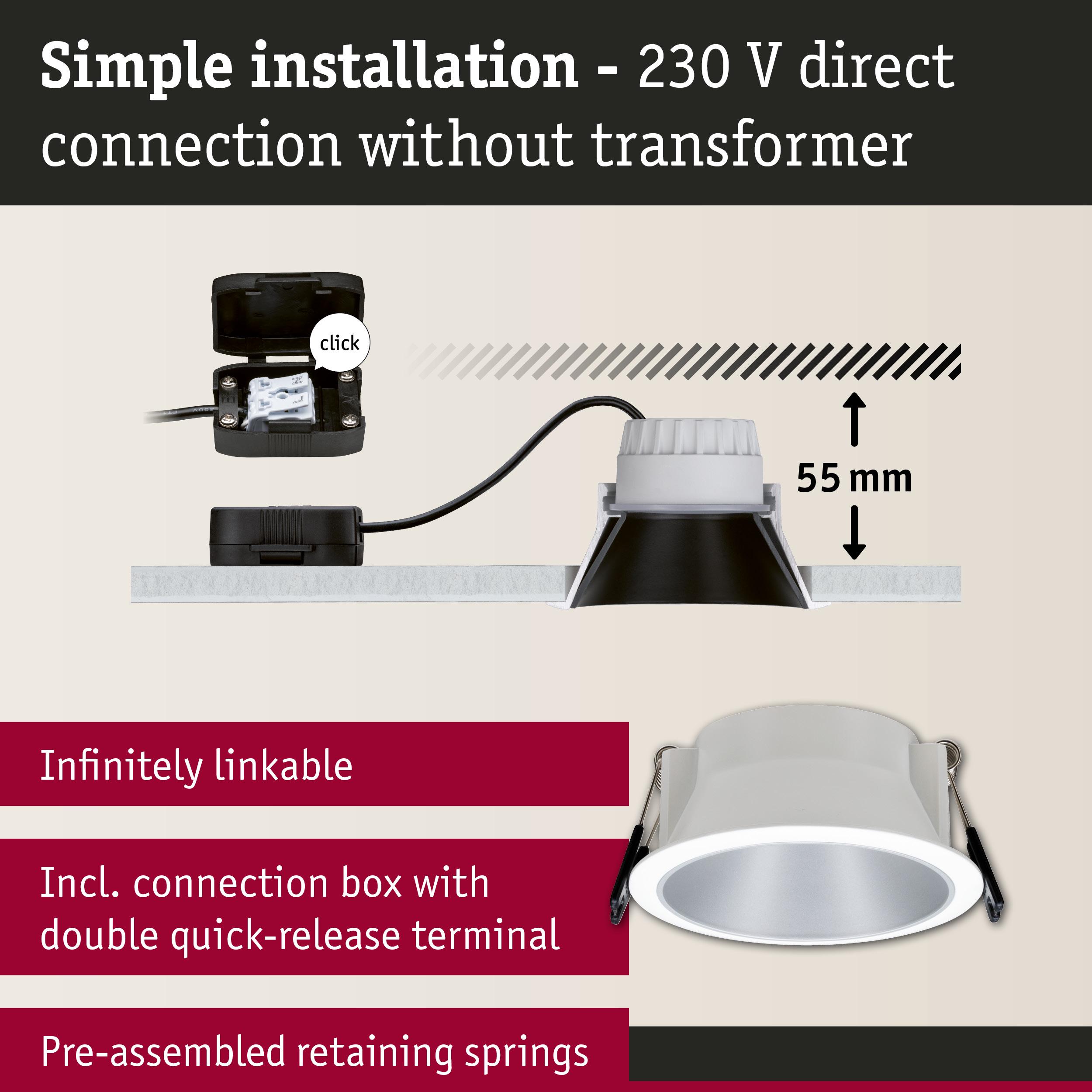 White LED recessed downlight with 55 mm depth, connection box and retaining springs for easy 230 V installation