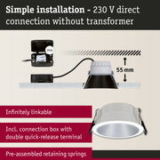 White recessed downlight with 55 mm depth and connection box for 230 V direct connection without transformer