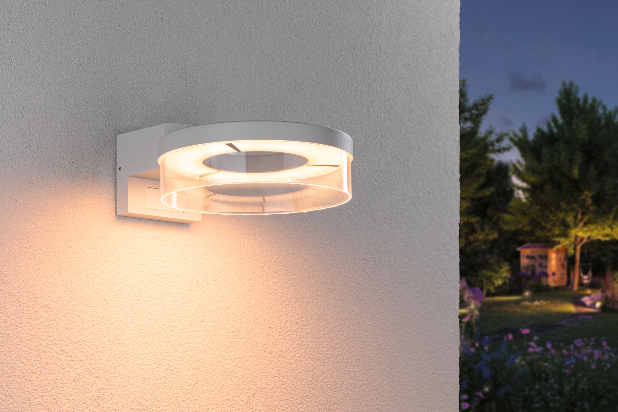 Moderner weißer LED-Wandleuchter mit transparentem Ring für Außenbereich und Gartenbeleuchtung