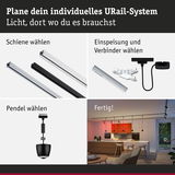 Schritt-für-Schritt Anleitung für URail-Schienen, Verbinder und Pendel in Schwarz und Weiß für flexible LED-Beleuchtung.