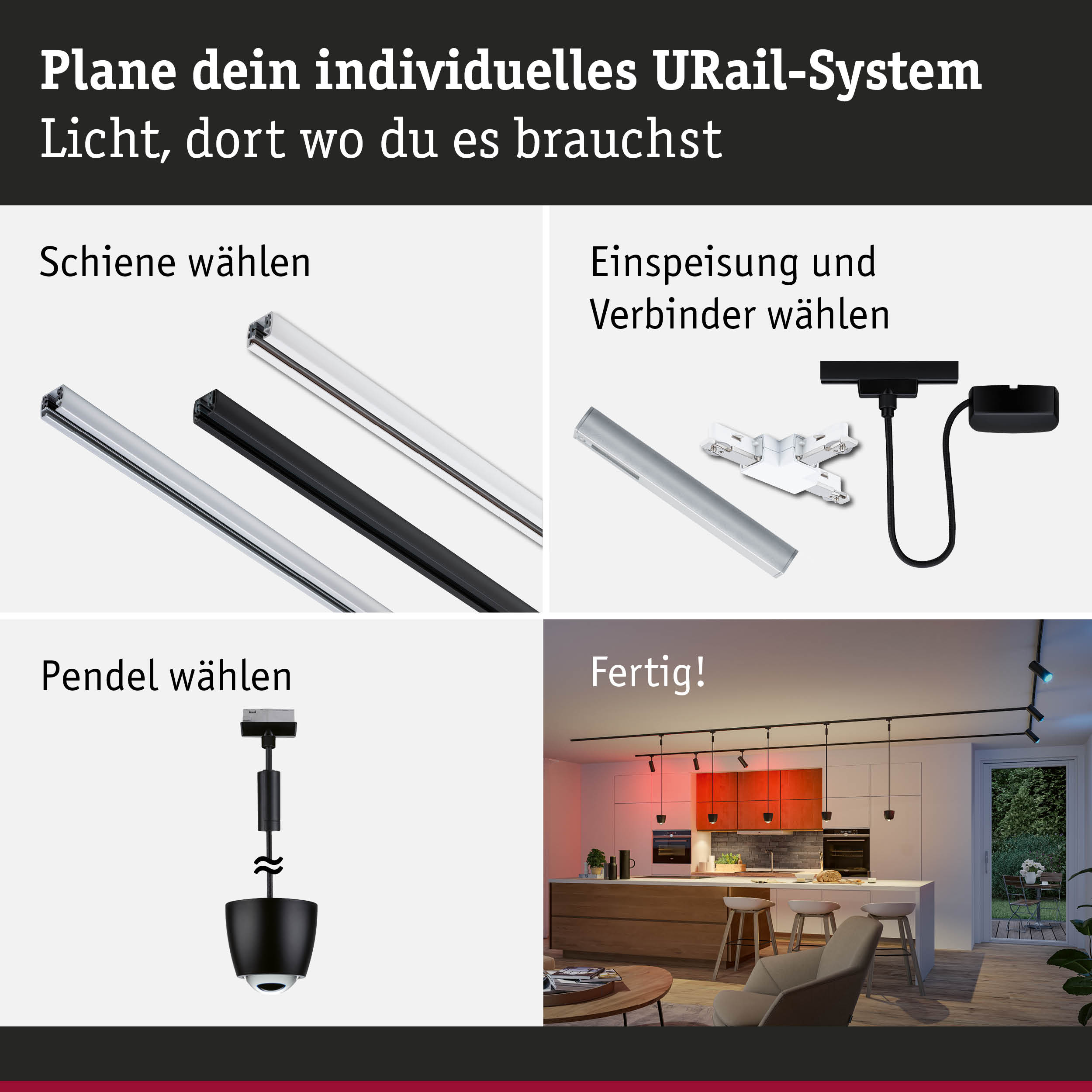 Modulares URail-Schienensystem in Schwarz und Weiß mit Pendelleuchte und Anschlusskomponenten für flexible Lichtplanung