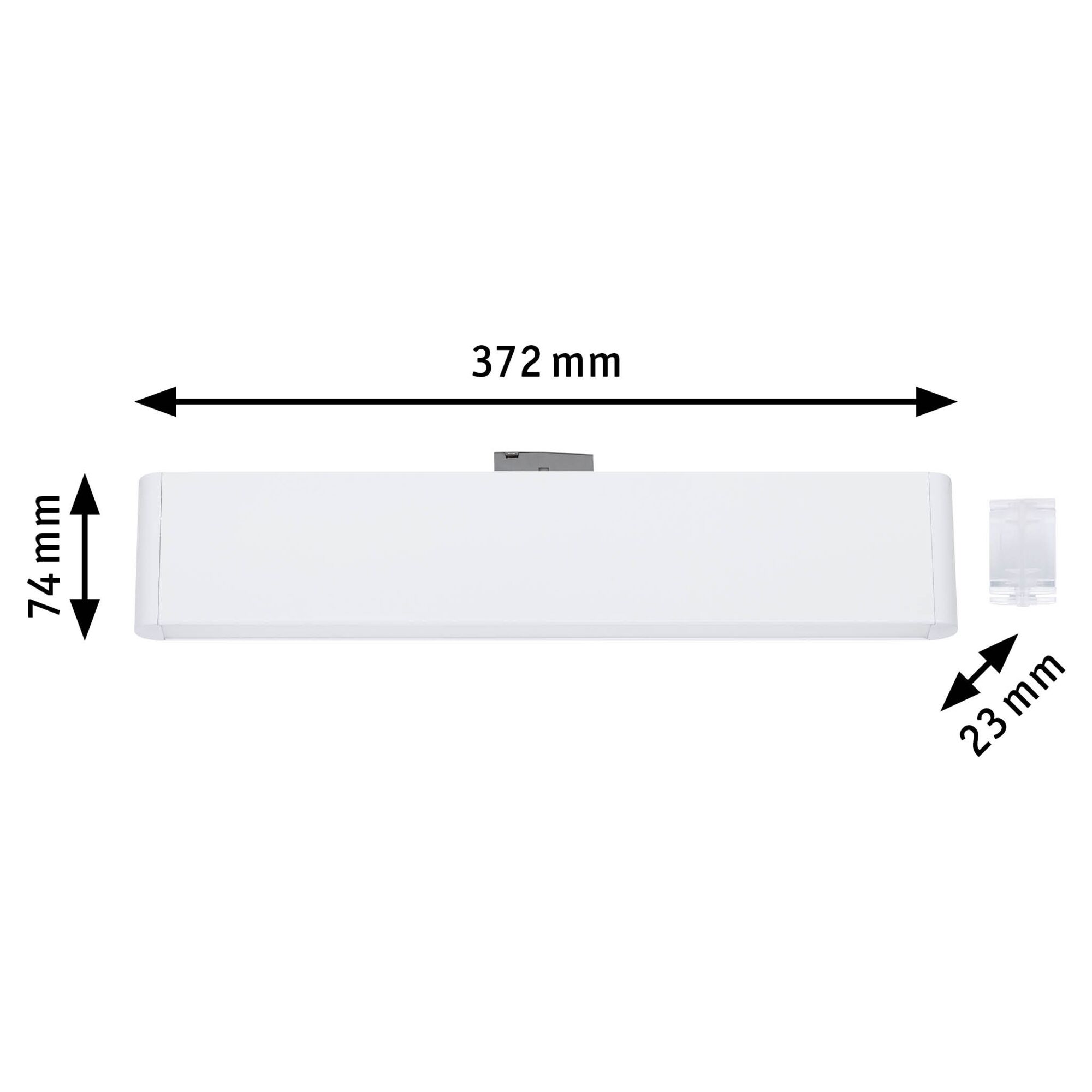 White LED wall light measuring 372 mm wide and 74 mm high, modern indoor lighting fixture