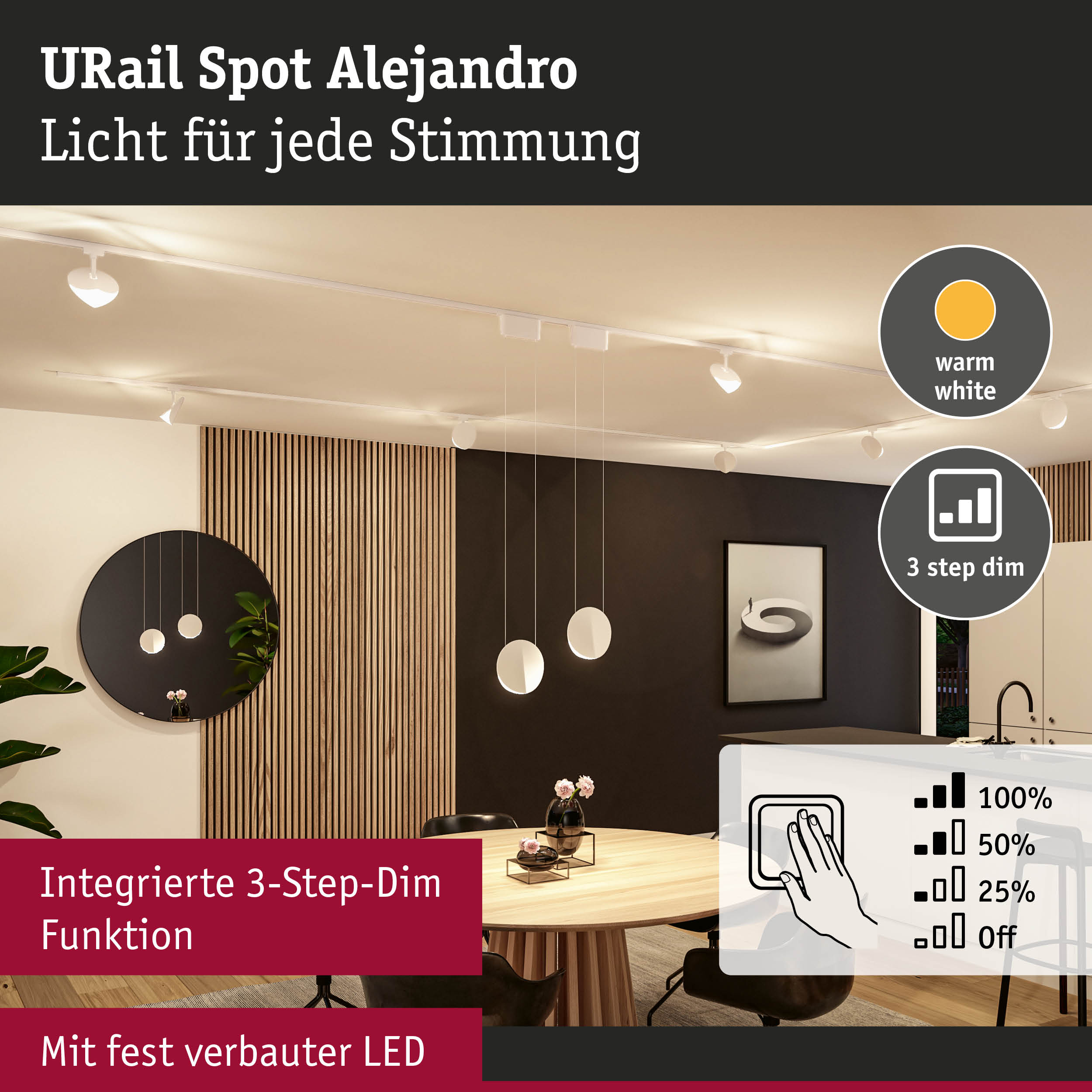 URail Spot Alejandro weiße LED-Deckenleuchte mit 3-Stufen-Dimmfunktion für warmweißes Licht