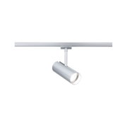 Moderner silberner LED-Spot aus Metall an Schienensystem für flexible Raumbeleuchtung