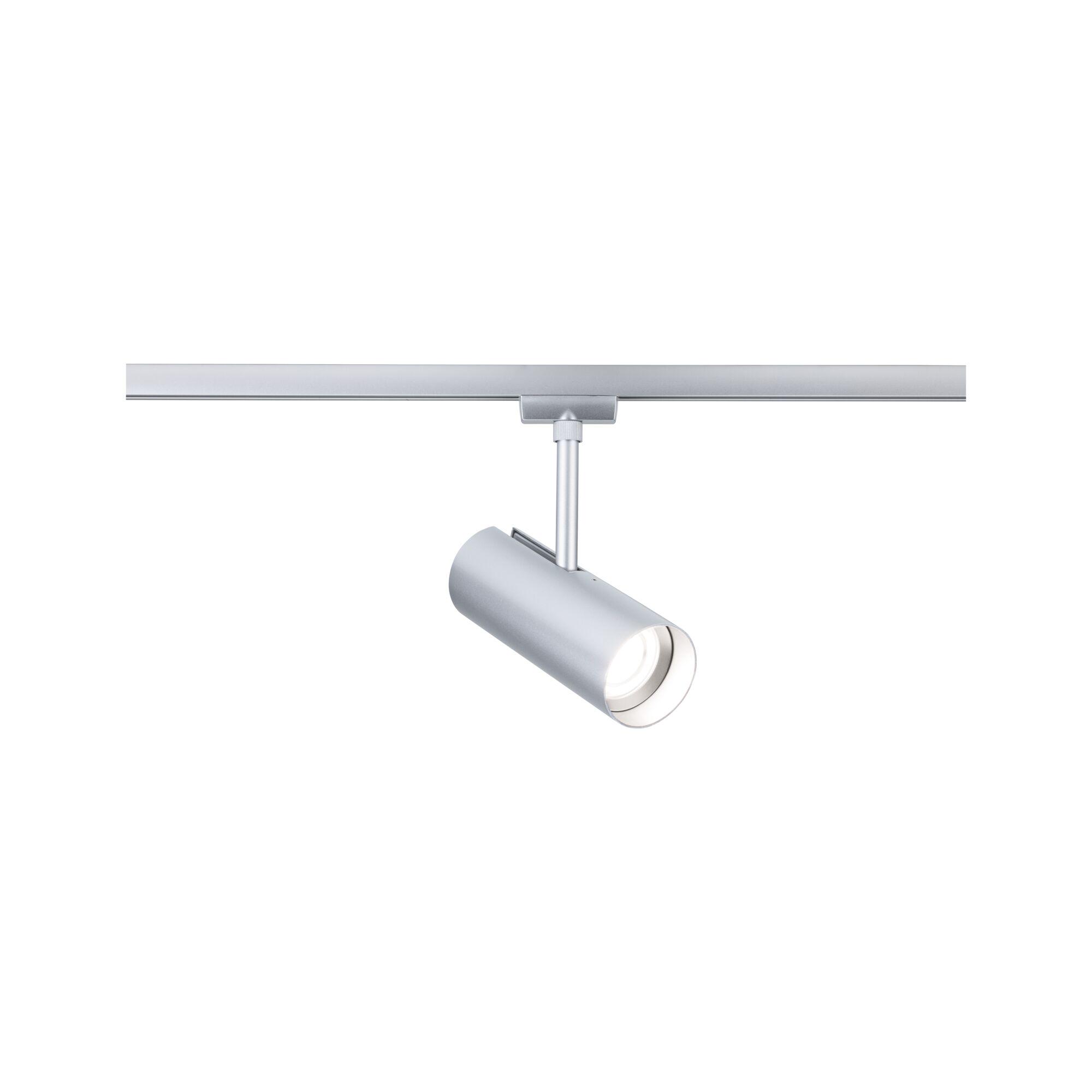 Moderner silberner LED-Spot aus Metall an Schienensystem für flexible Raumbeleuchtung