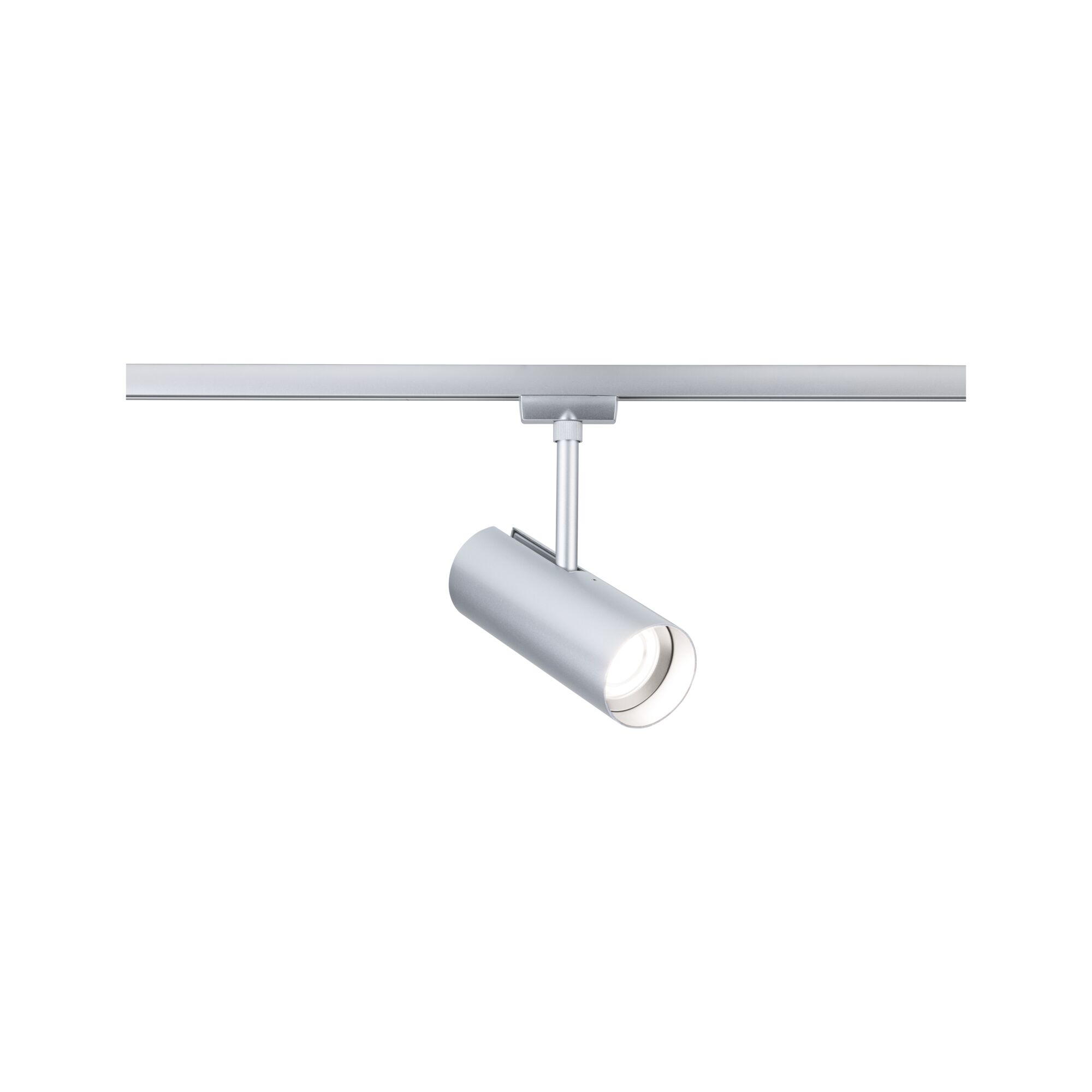 Moderner silberner LED-Spot aus Metall an Schienensystem für flexible Raumbeleuchtung